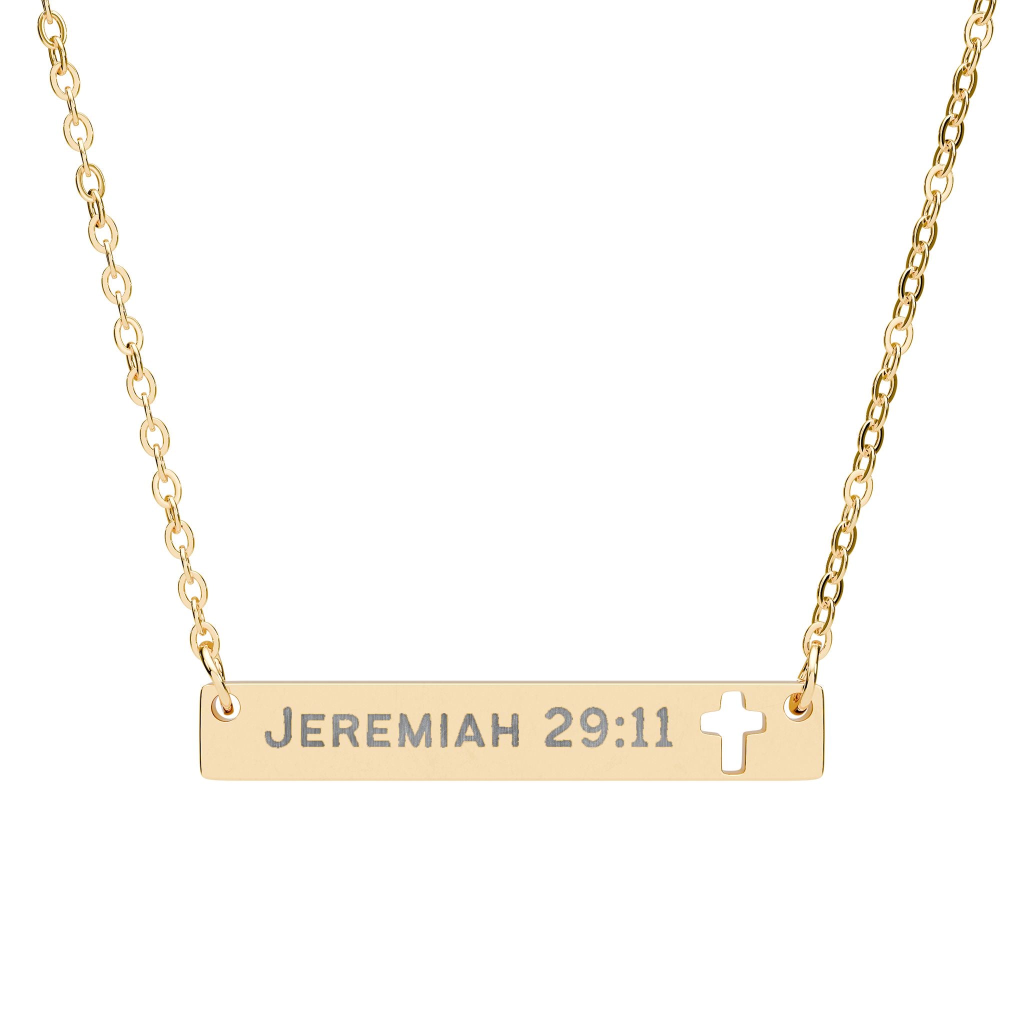 Gold necklace with 'Jeremiah 29:11' engraving and a cross symbol on a white background