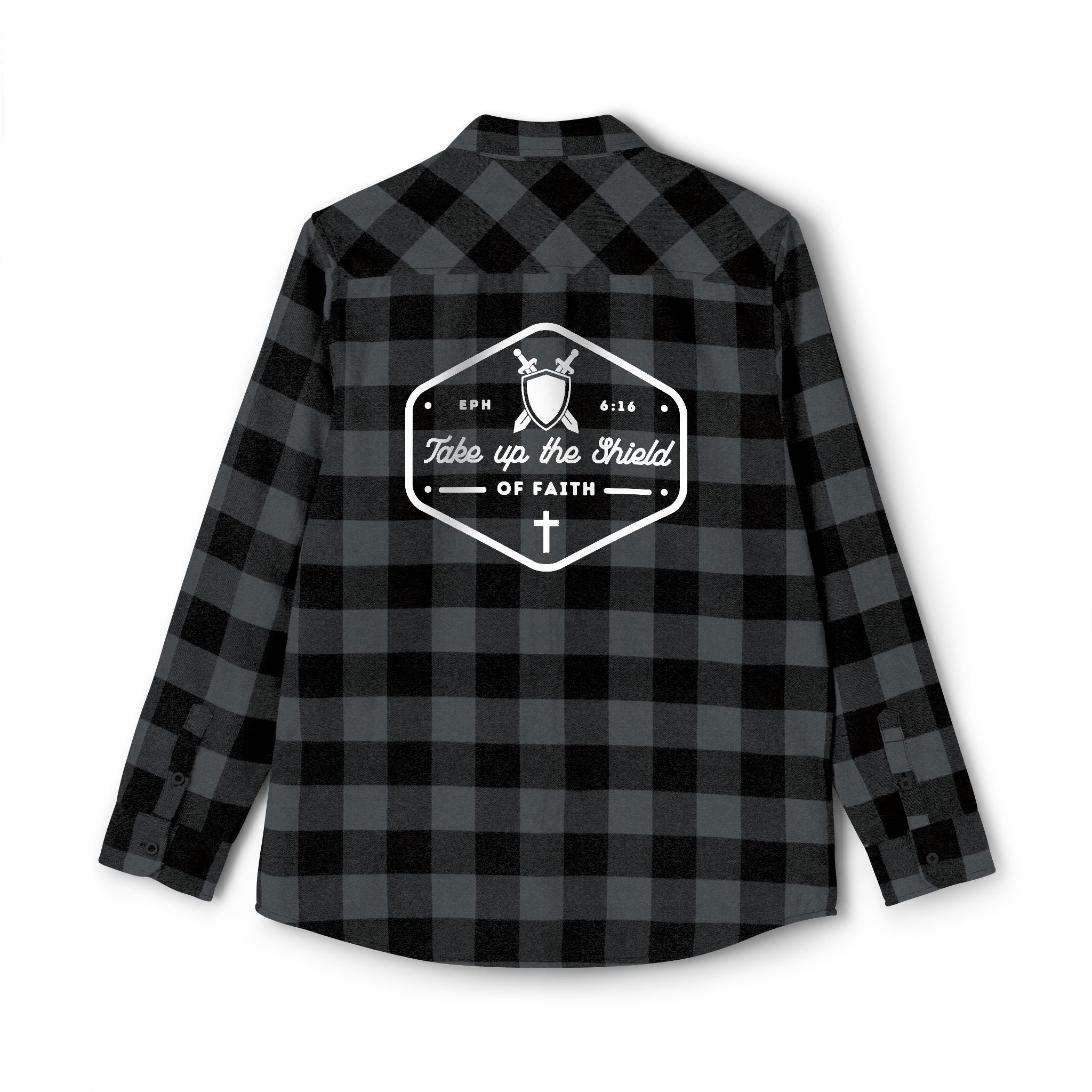 Shield of Faith Flannel – Ephesians 6:16 Dark Grey & Black Buffalo Plaid Christian Shirt