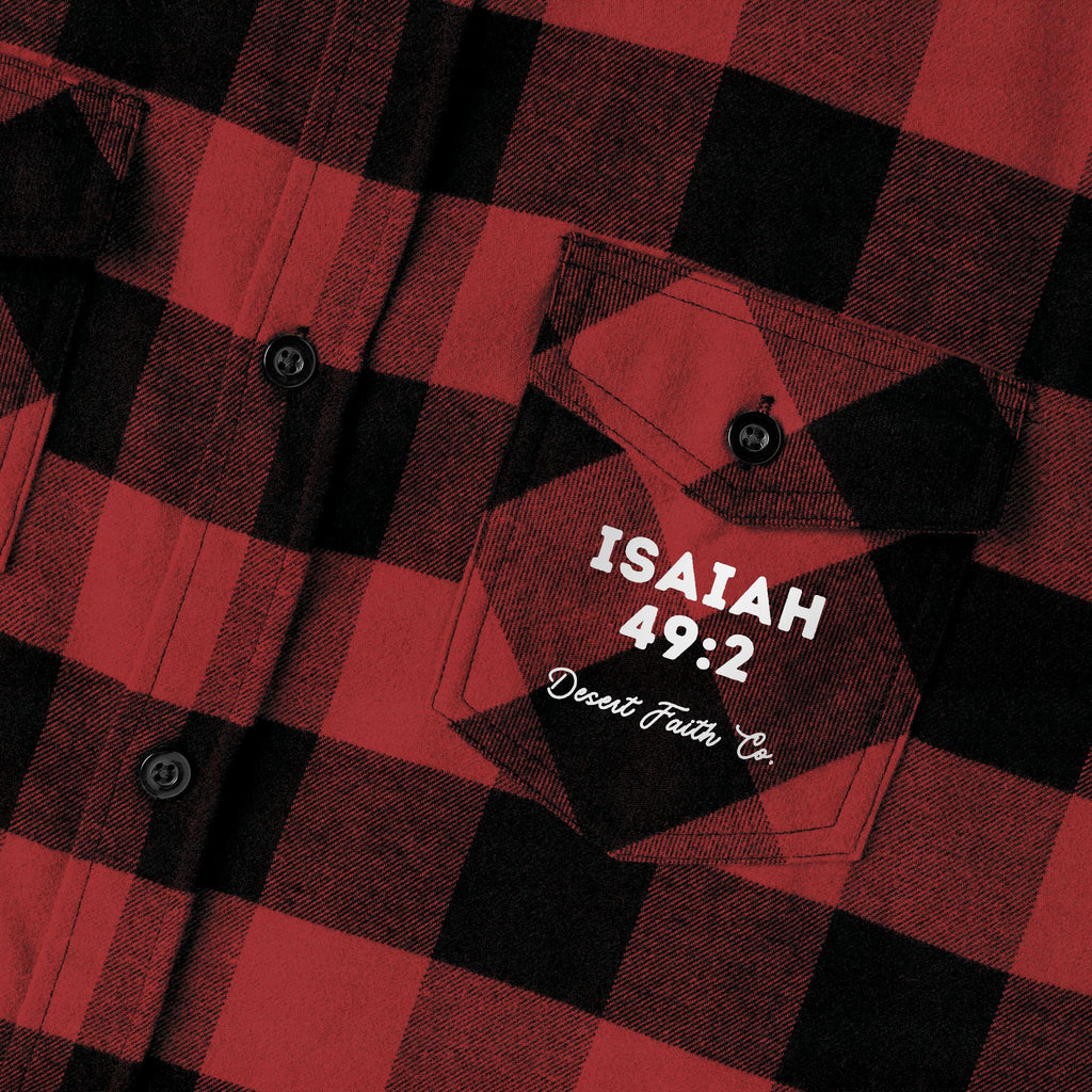 Polished Arrow – Isaiah 49:2 Red & Black Buffalo Plaid Christian Shirt