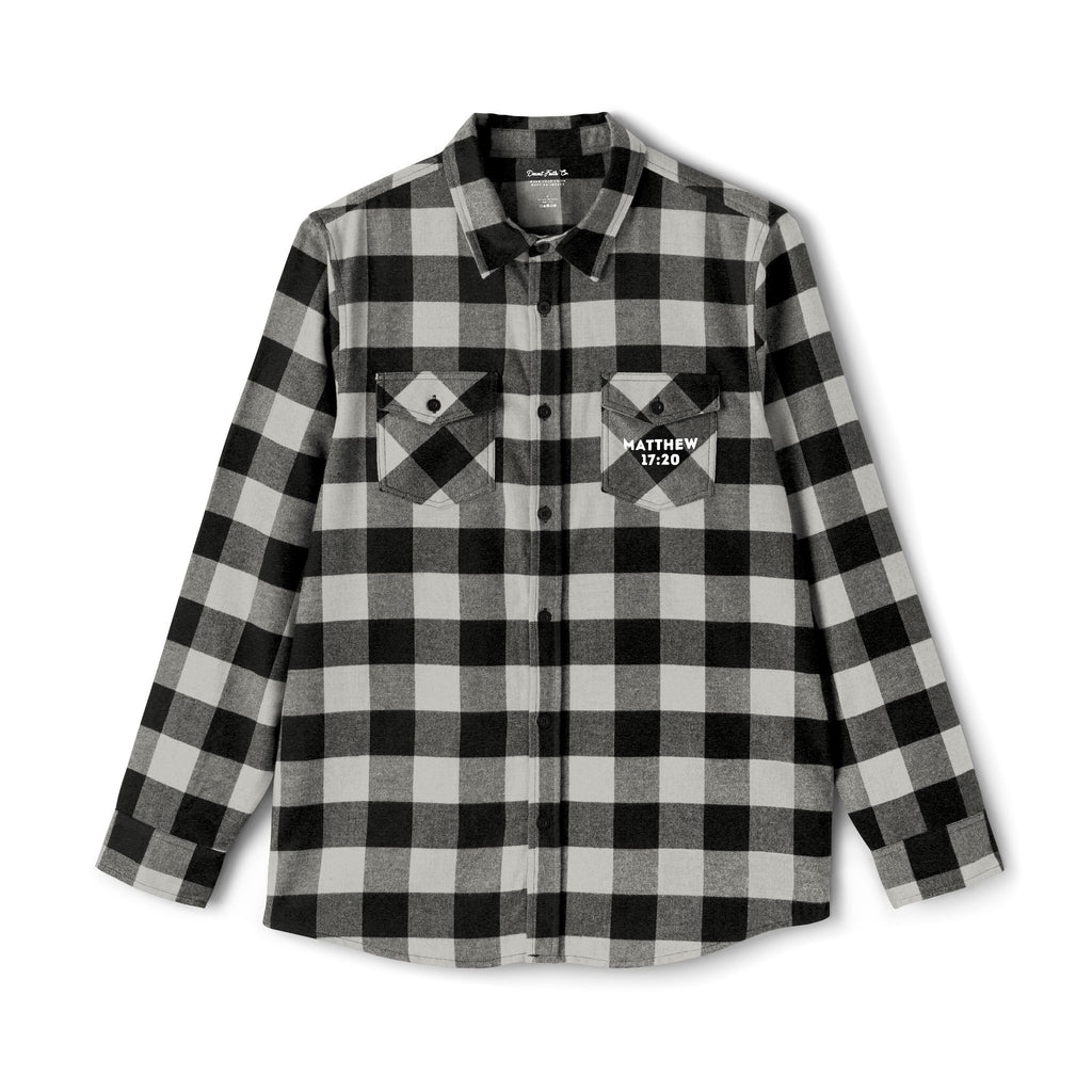 Faith Can Move Mountains – Matthew 17:20  Light Grey & Black Buffalo Plaid Christian Shirt