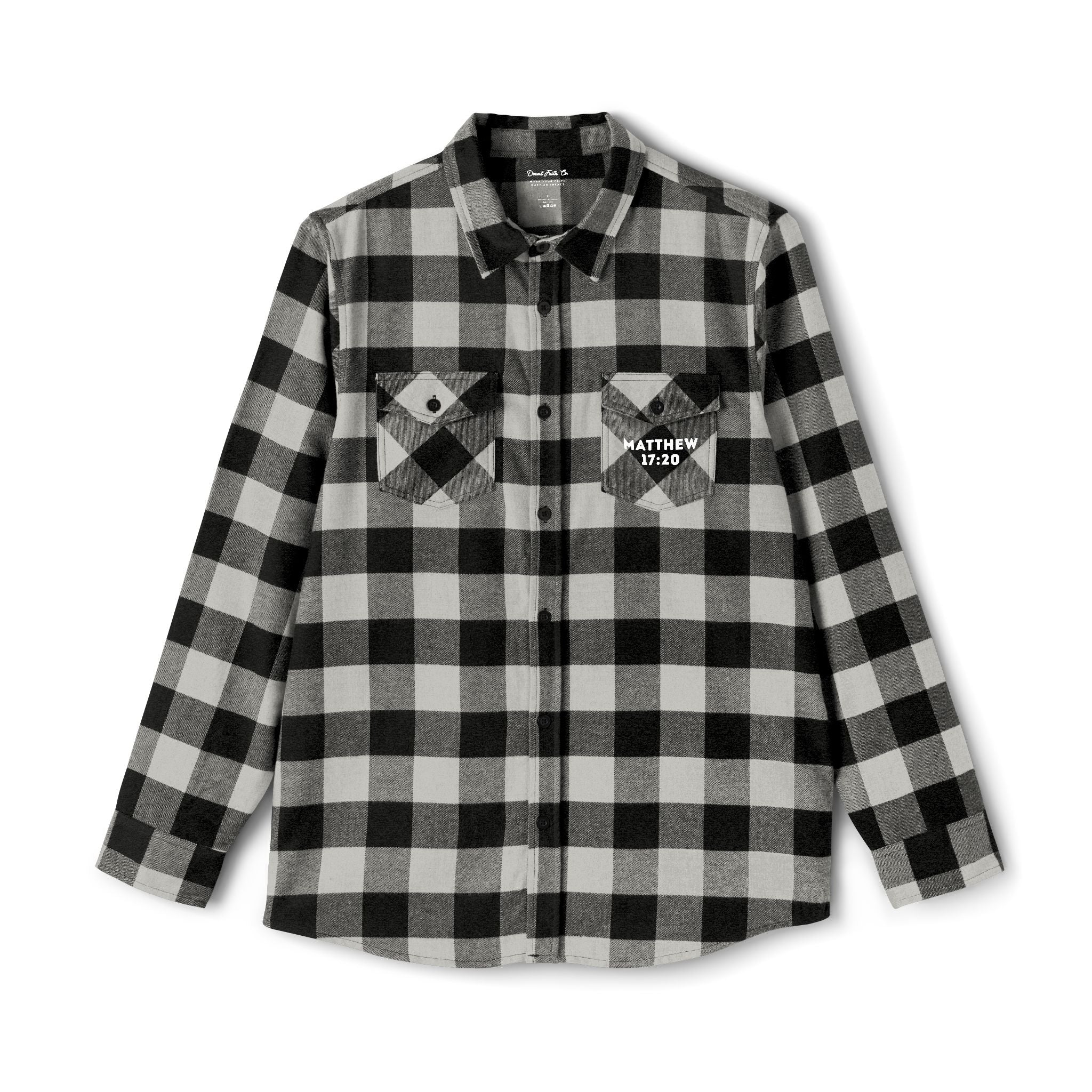 Faith Can Move Mountains – Matthew 17:20  Light Grey & Black Buffalo Plaid Christian Shirt