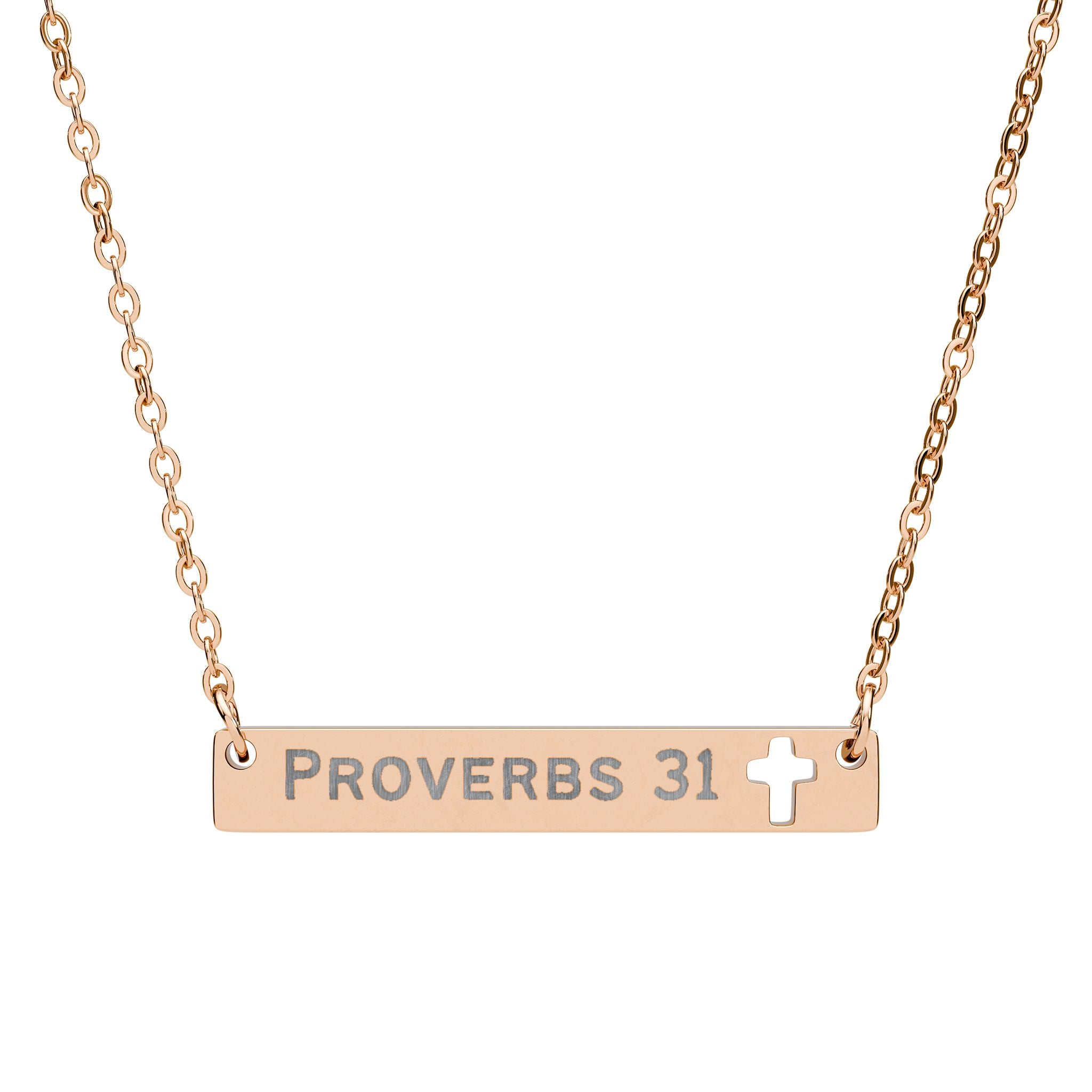 Rose gold necklace with 'Proverbs 31' and a cross symbol on a white background