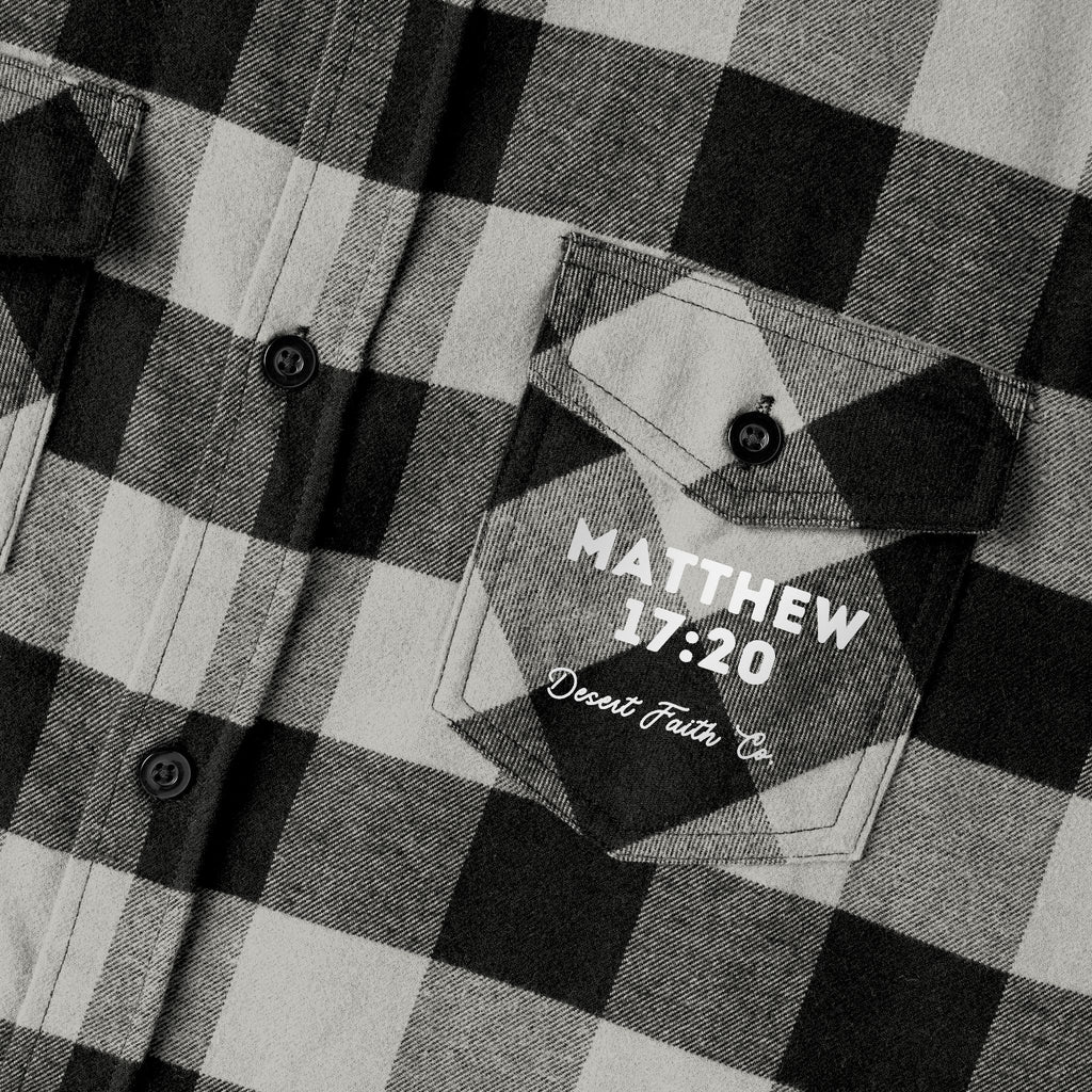 Faith Can Move Mountains – Matthew 17:20  Light Grey & Black Buffalo Plaid Christian Shirt
