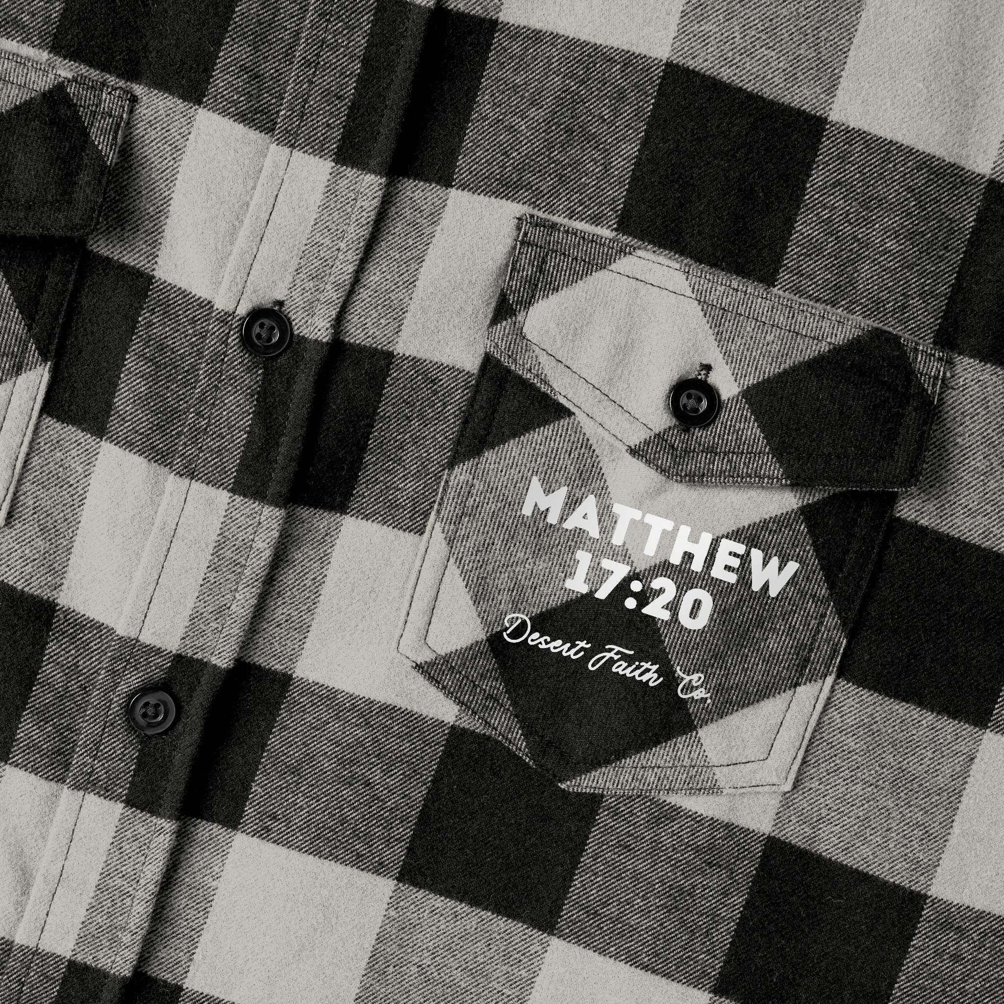 Faith Can Move Mountains – Matthew 17:20  Light Grey & Black Buffalo Plaid Christian Shirt