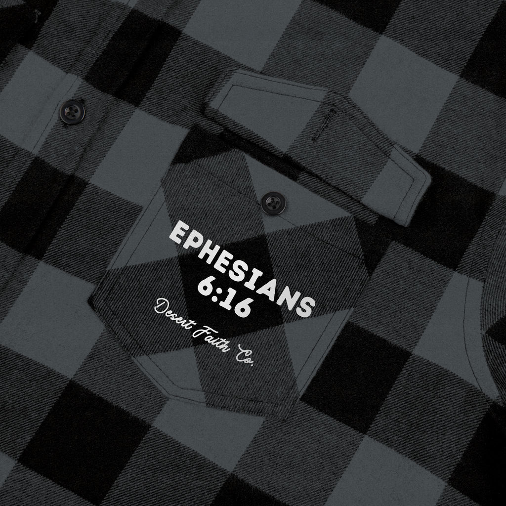 Shield of Faith Flannel – Ephesians 6:16 Dark Grey & Black Buffalo Plaid Christian Shirt
