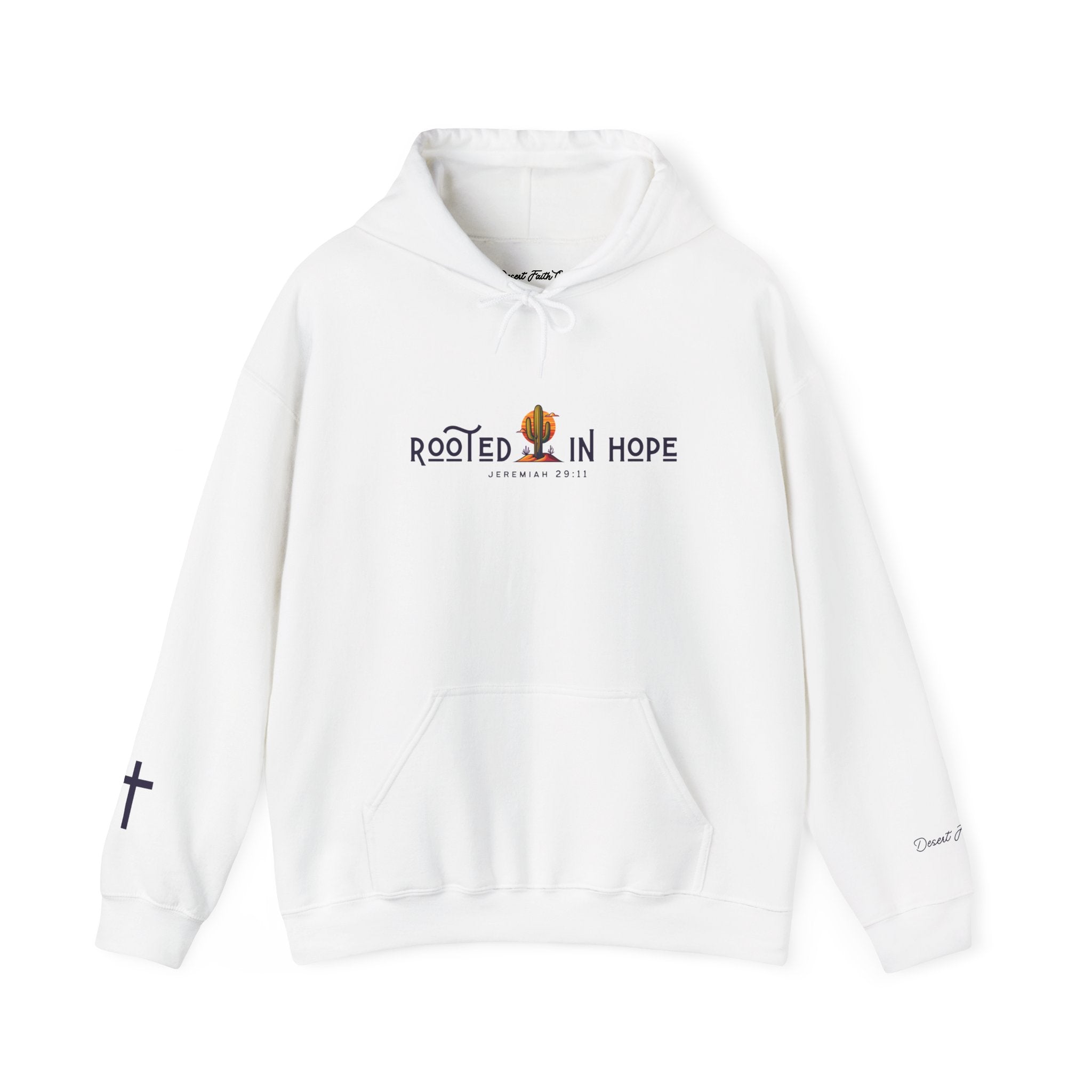 white Rooted in Hope - Jeremiah 29:11 Christian Printed Hoodie