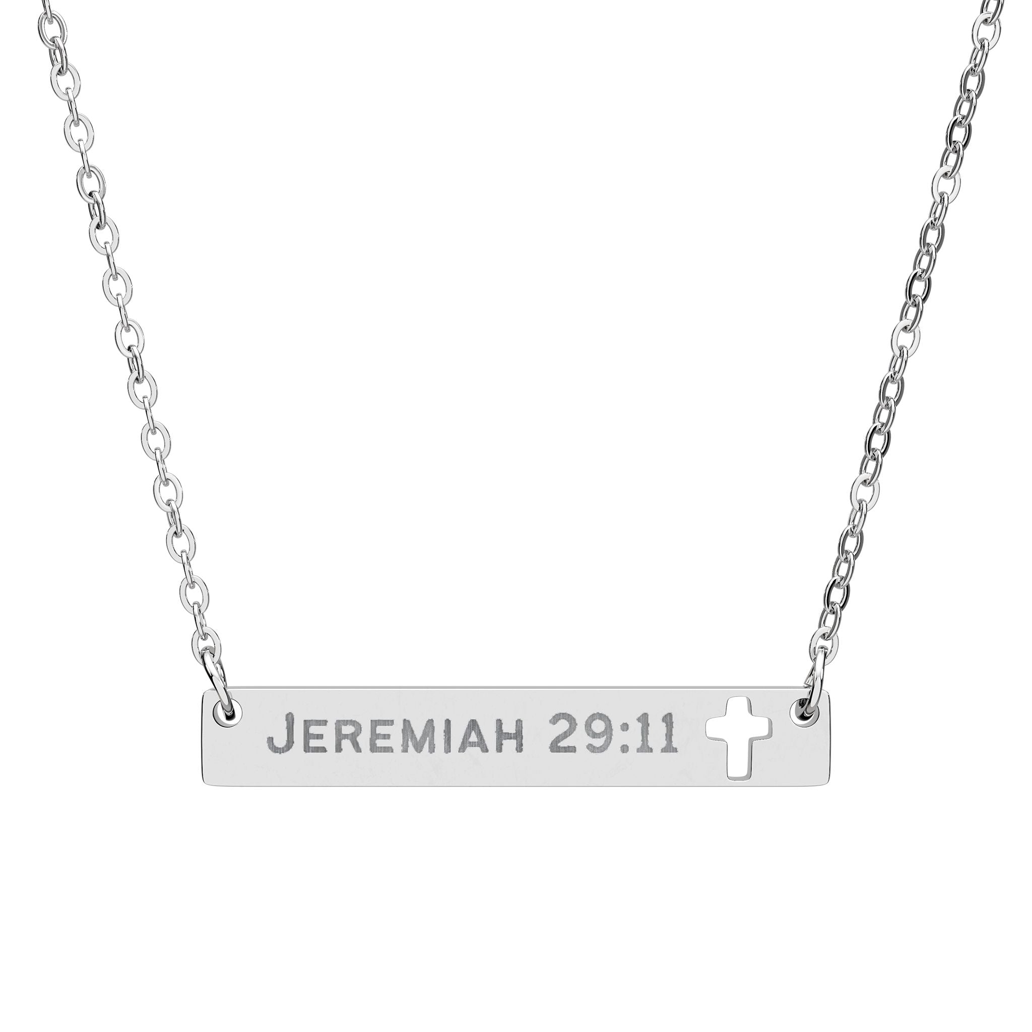 Silver necklace with a bar pendant engraved with 'Jeremiah 29:11' and a cross symbol on a white background.