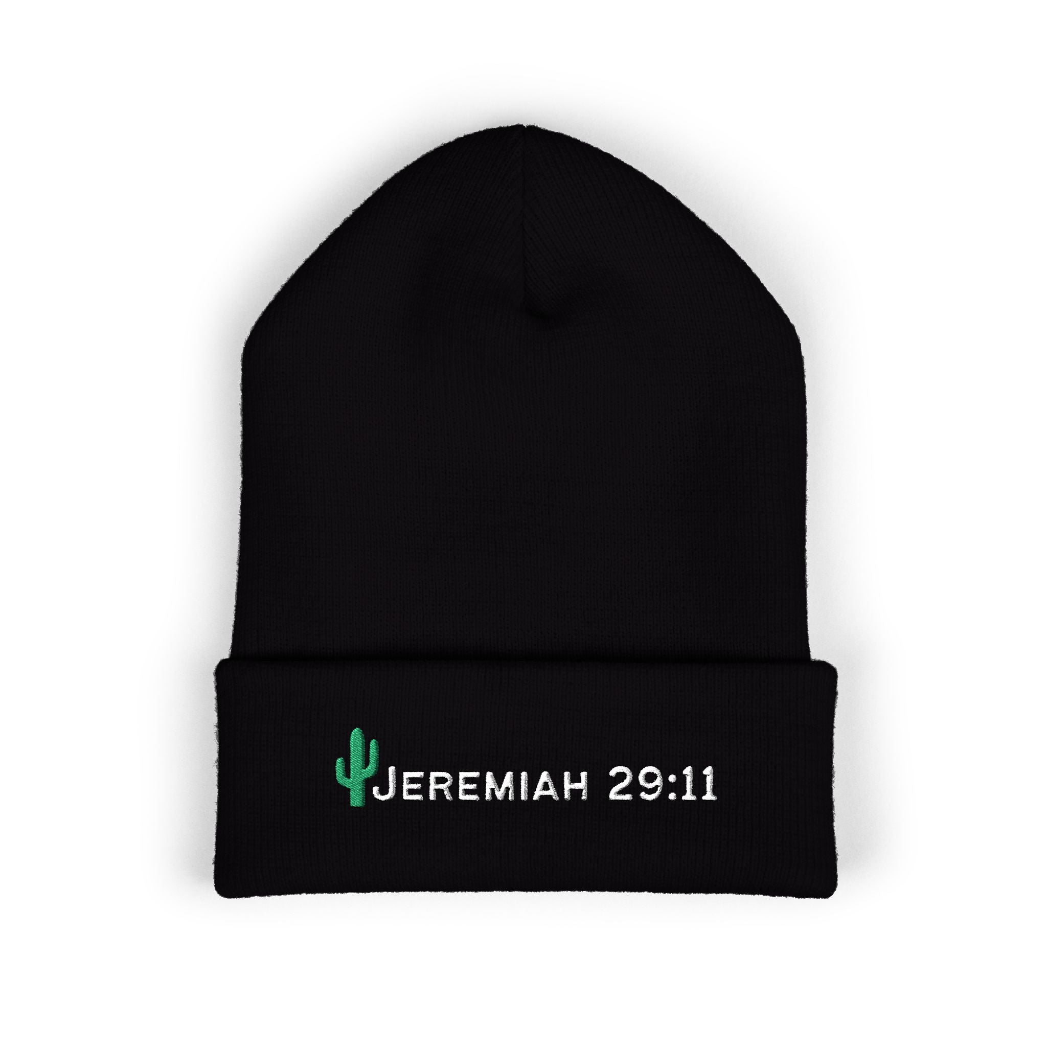 Jeremiah 29:11 embroidered cuffed beanie with cactus design 