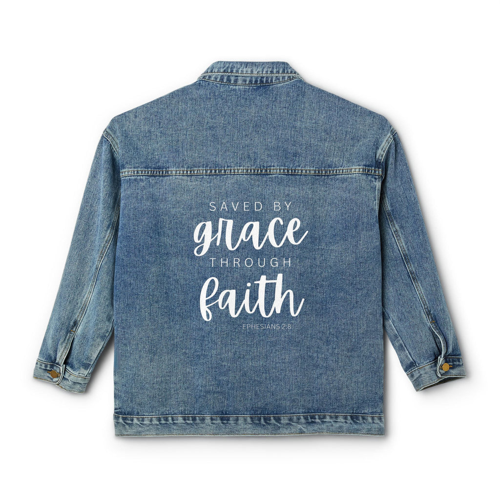 Saved by Grace - Ephesians 2:8 Christian Oversized Women's Denim Jacket 