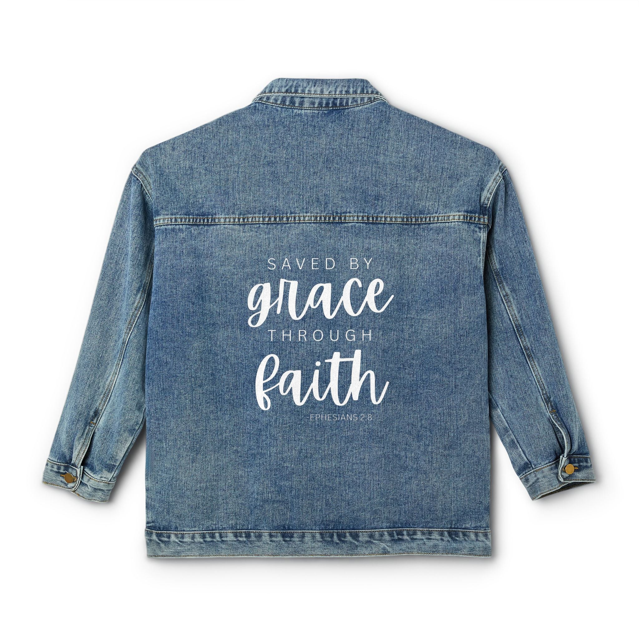 Saved by Grace - Ephesians 2:8 Christian Oversized Women's Denim Jacket 