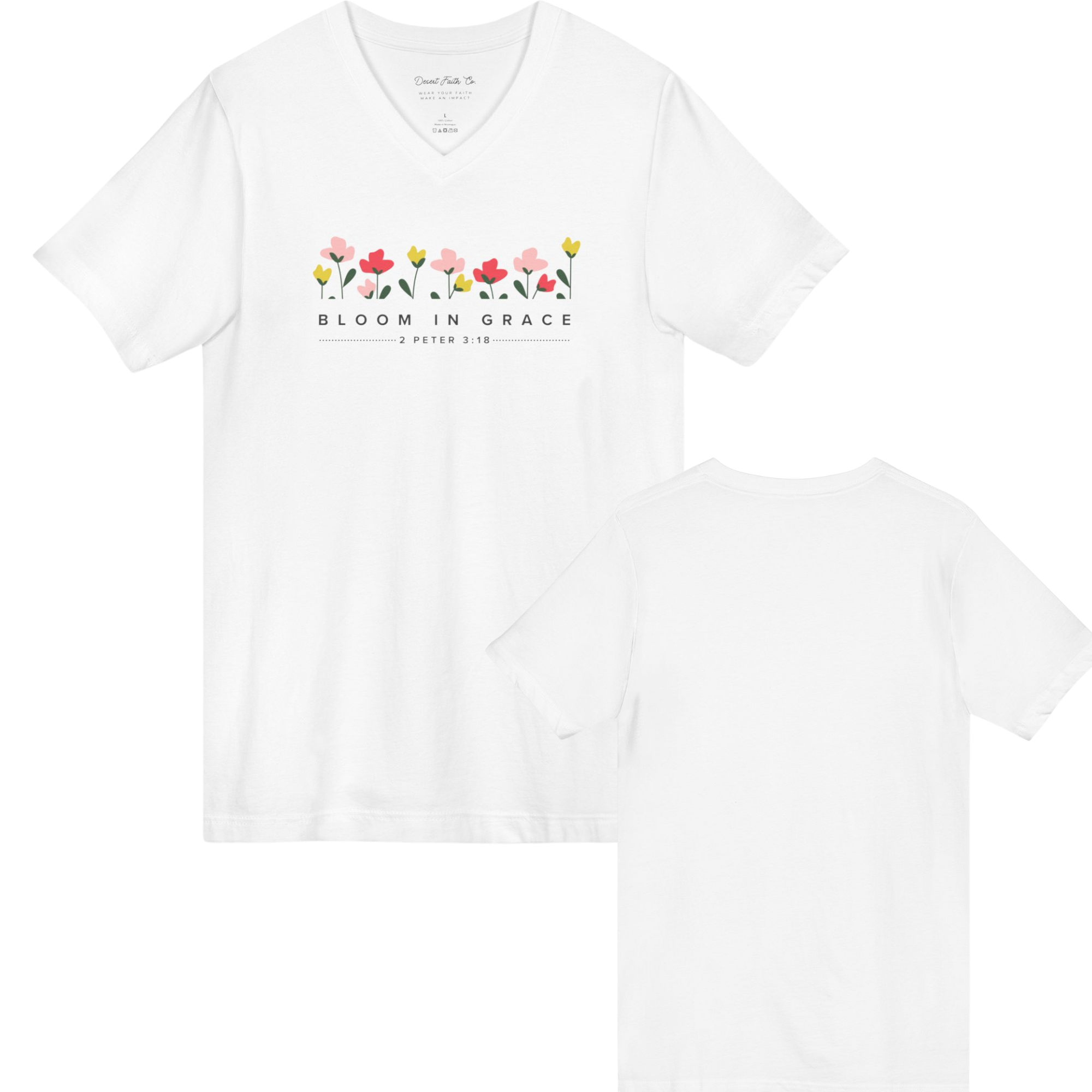 Bloom in Grace – 2 Peter 3:18 Christian Floral V-Neck Shirt