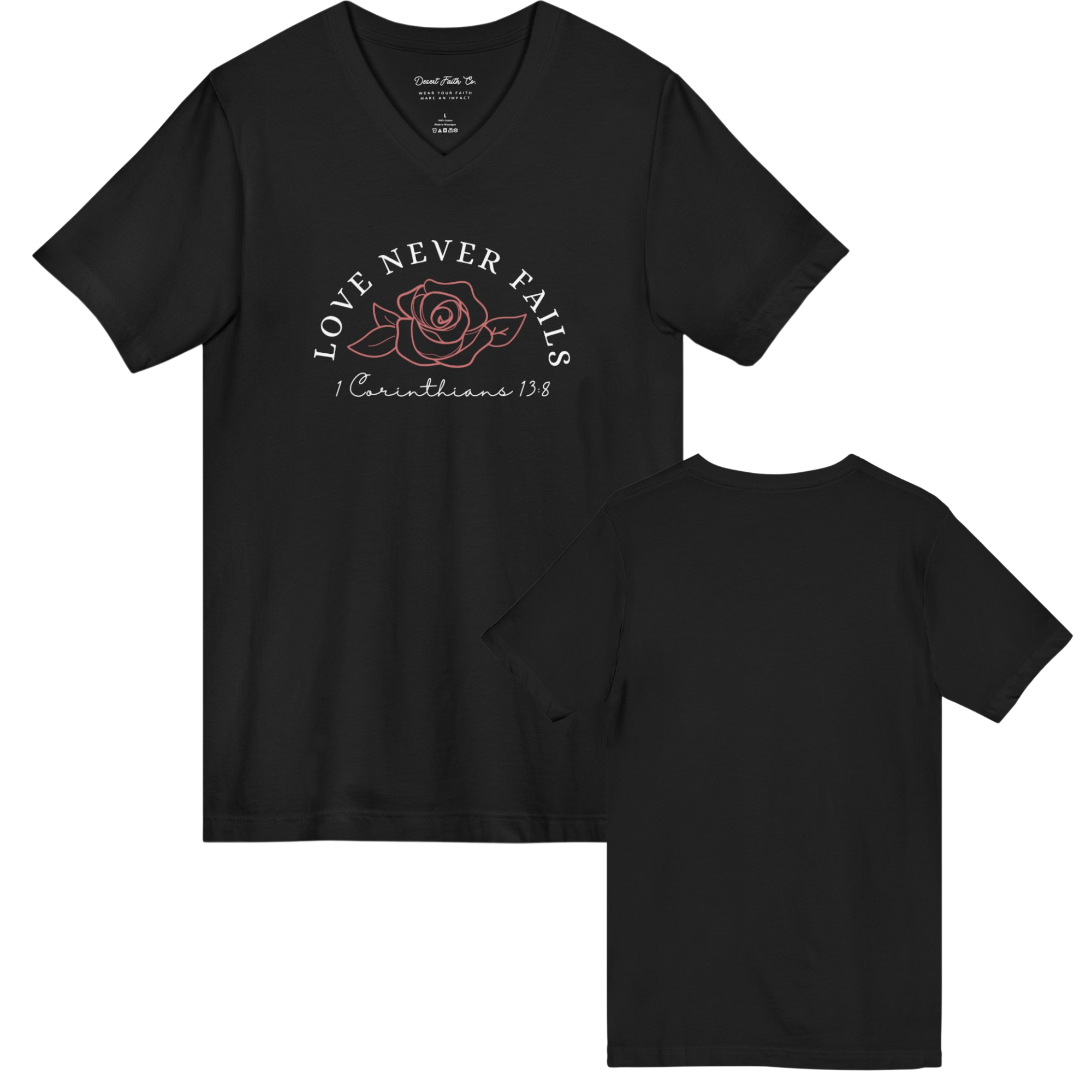 Love Never Fails – 1 Corinthians 13:8 Christian Women's V-Neck Shirt