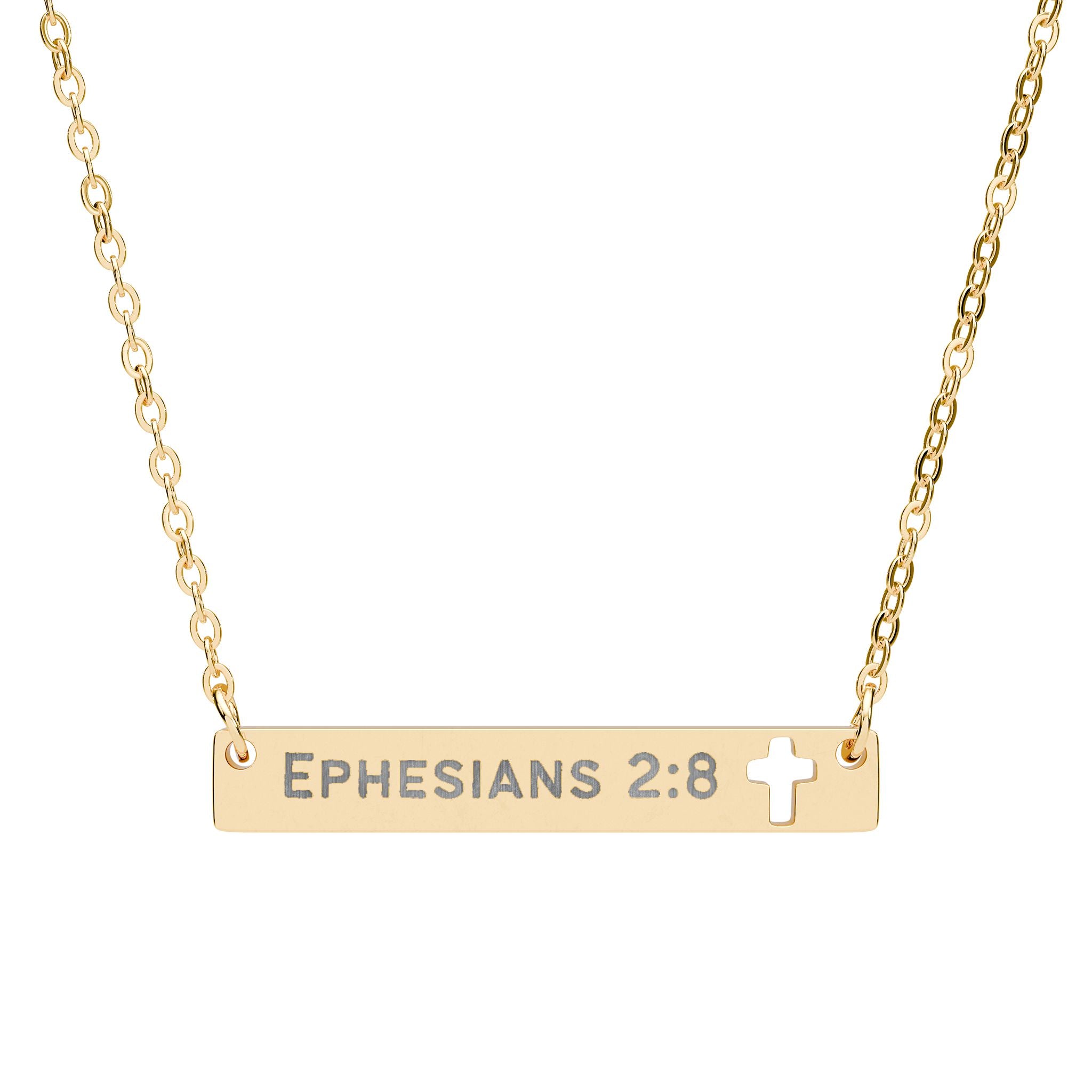 Gold necklace with 'Ephesians 2:8' engraving and a cross symbol 