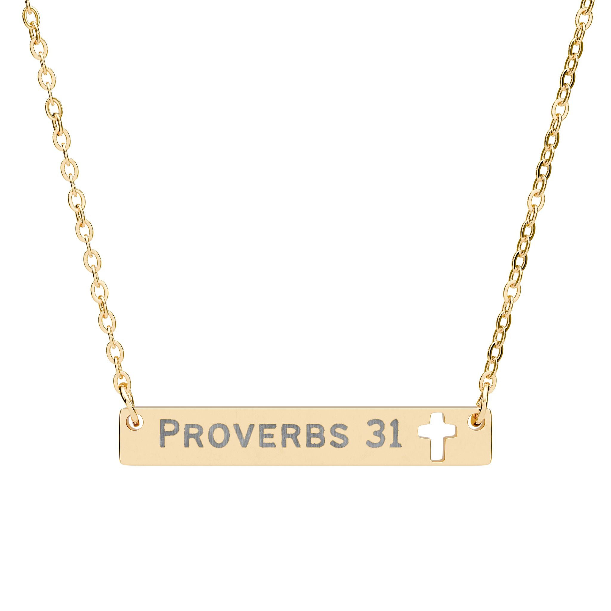 Gold necklace with 'Proverbs 31' engraving and a cross symbol