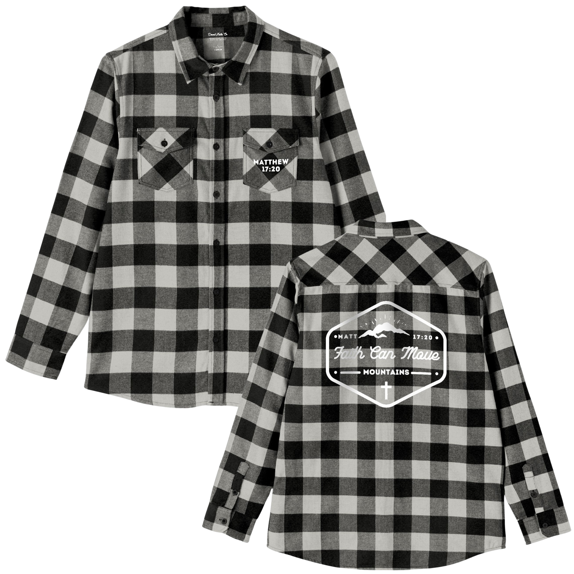 Faith Can Move Mountains Matthew 17:20  Light Grey & Black Flannel