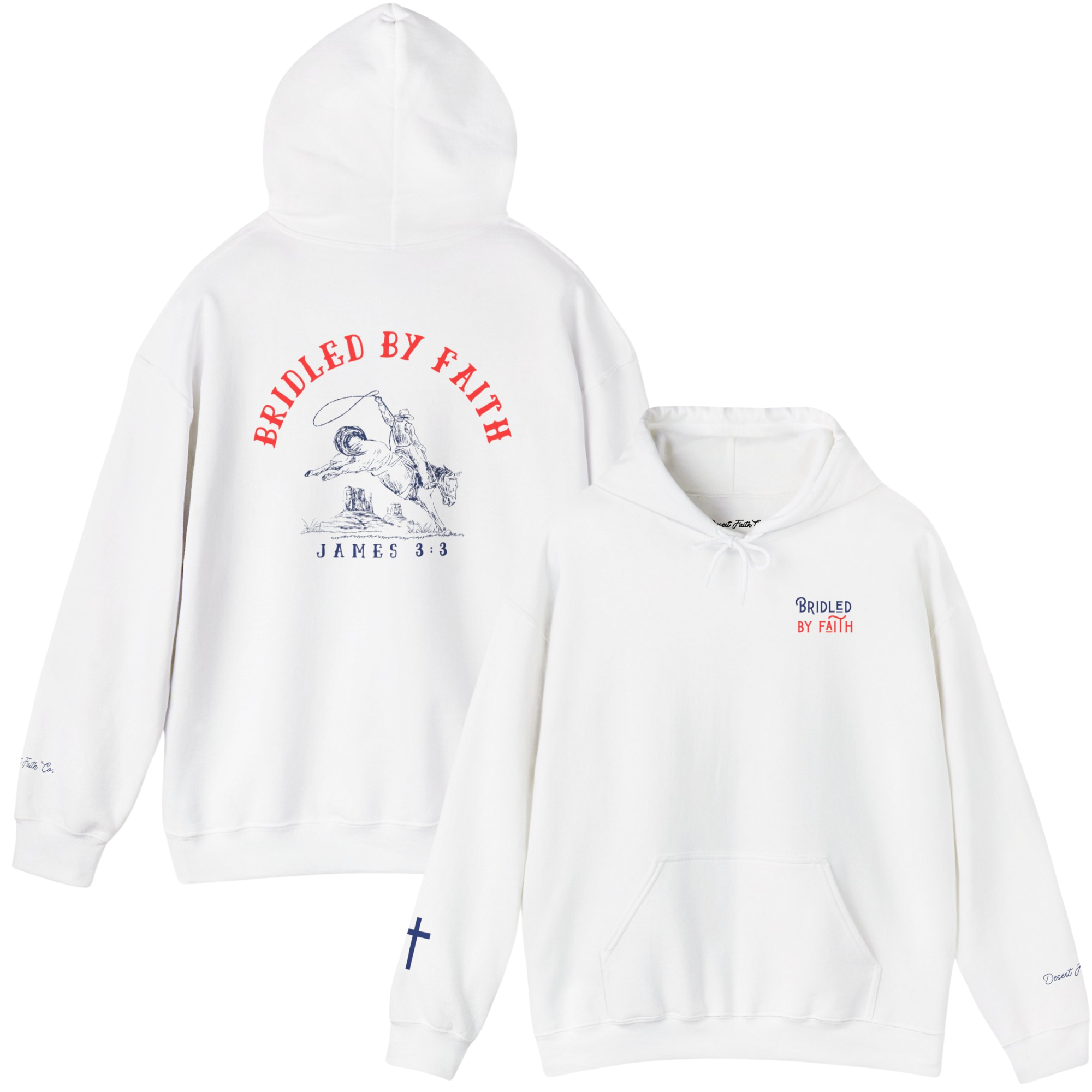 white Bridled by Faith - James 3:3 Christian Printed Hoodie