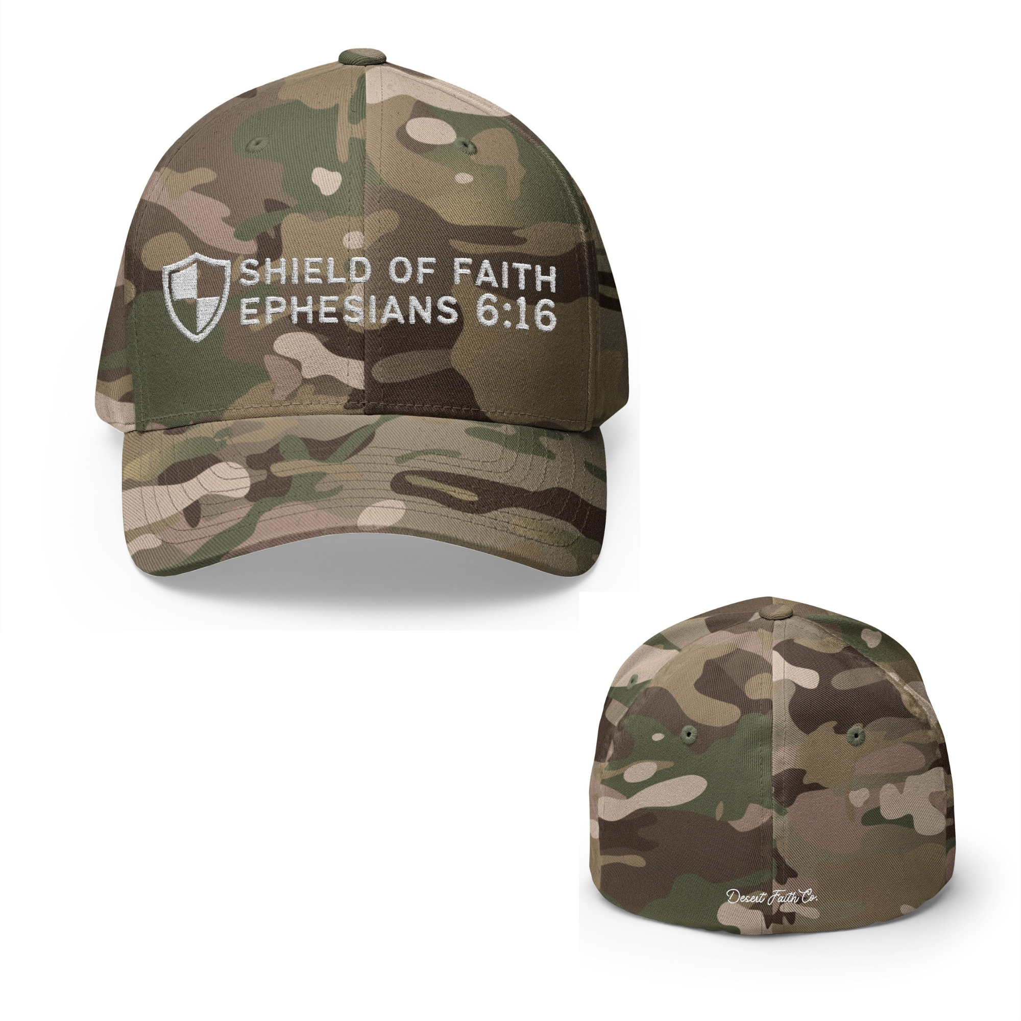 light camo Shield of Faith – Ephesians 6:16 Embroidered Flexfit Christian Hat