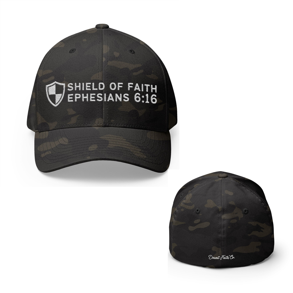 camo Shield of Faith – Ephesians 6:16 Embroidered Flexfit Christian Hat