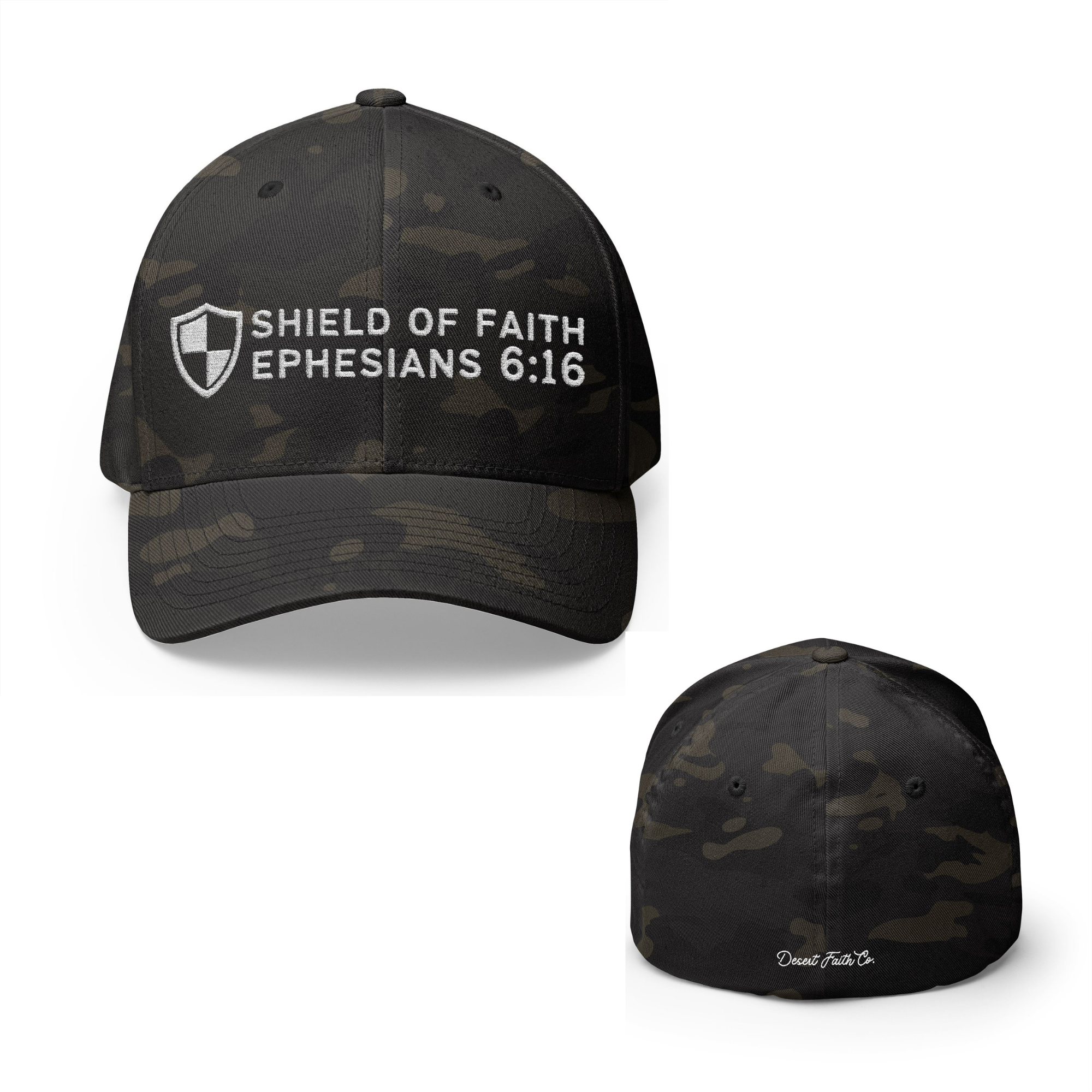 camo Shield of Faith – Ephesians 6:16 Embroidered Flexfit Christian Hat