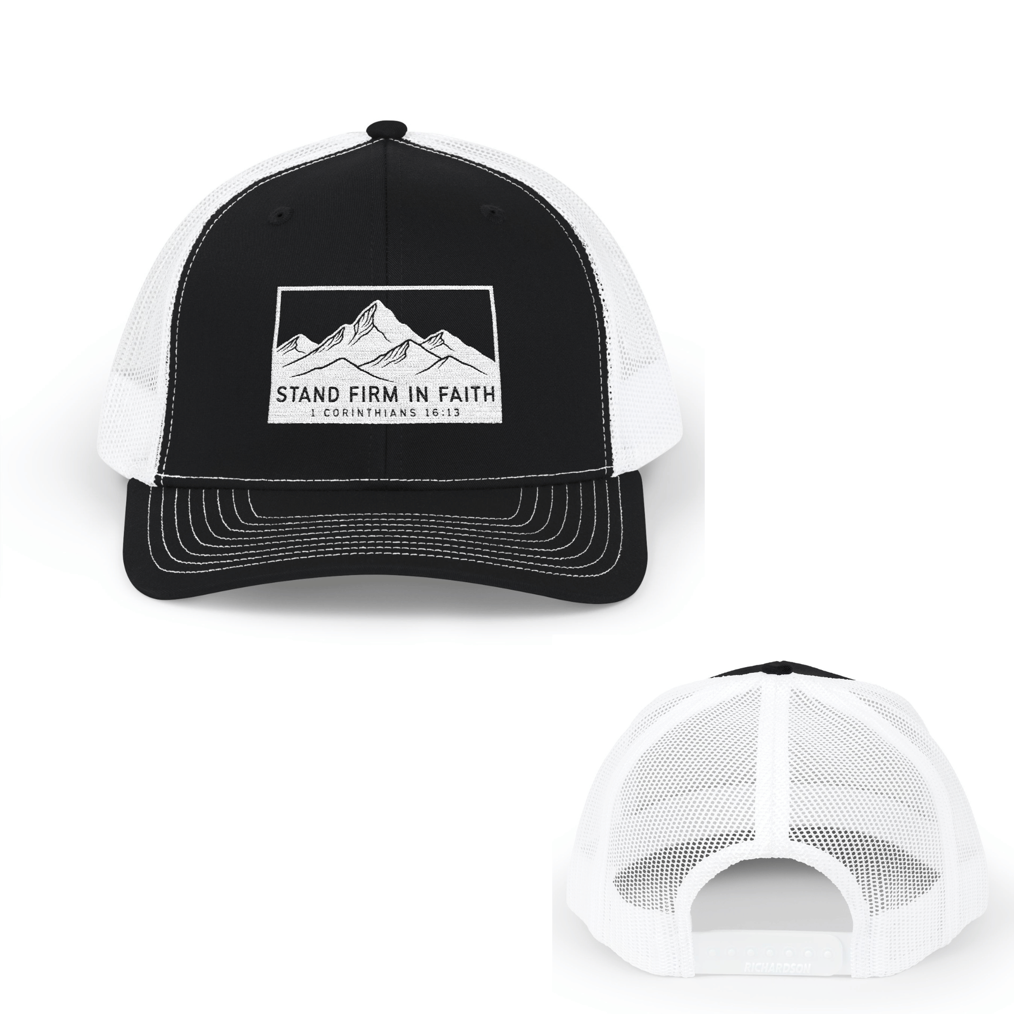white Stand Firm in Faith – 1 Corinthians 16:13 Christian Trucker Hat