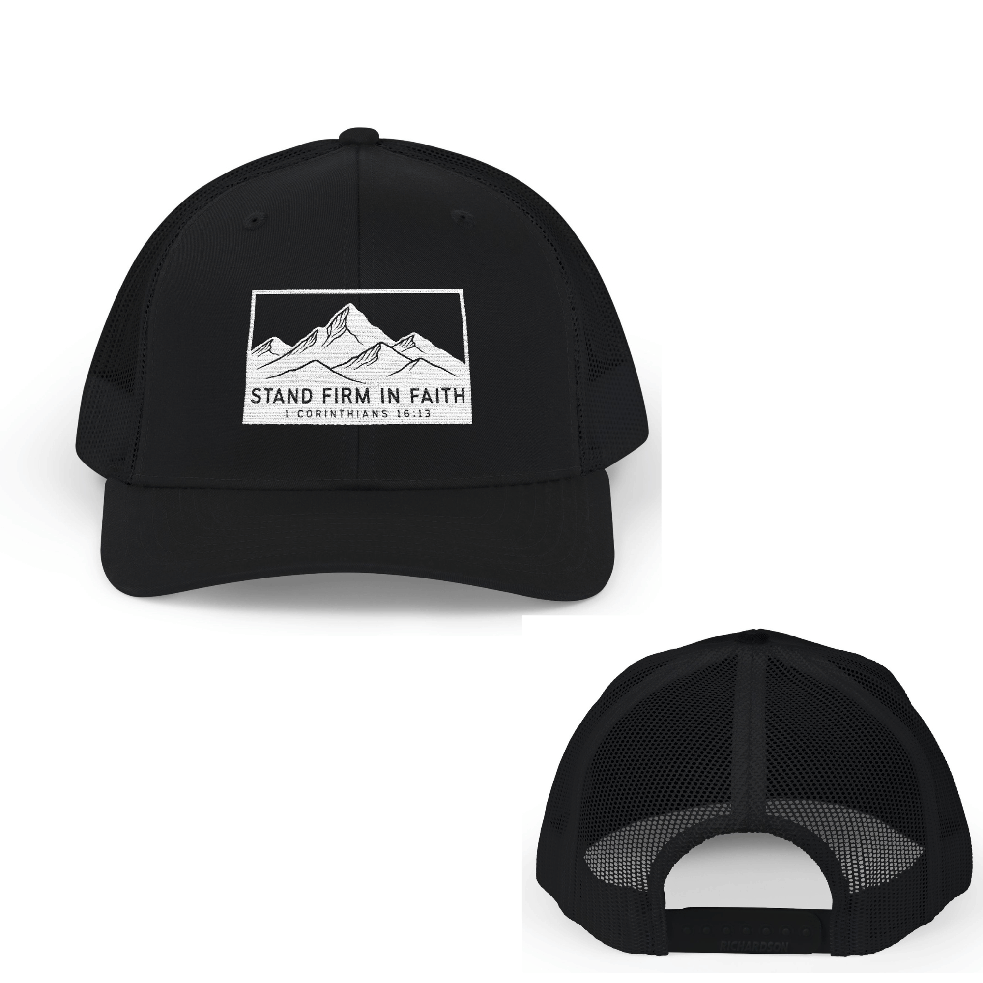 black Stand Firm in Faith – 1 Corinthians 16:13 Christian Trucker Hat