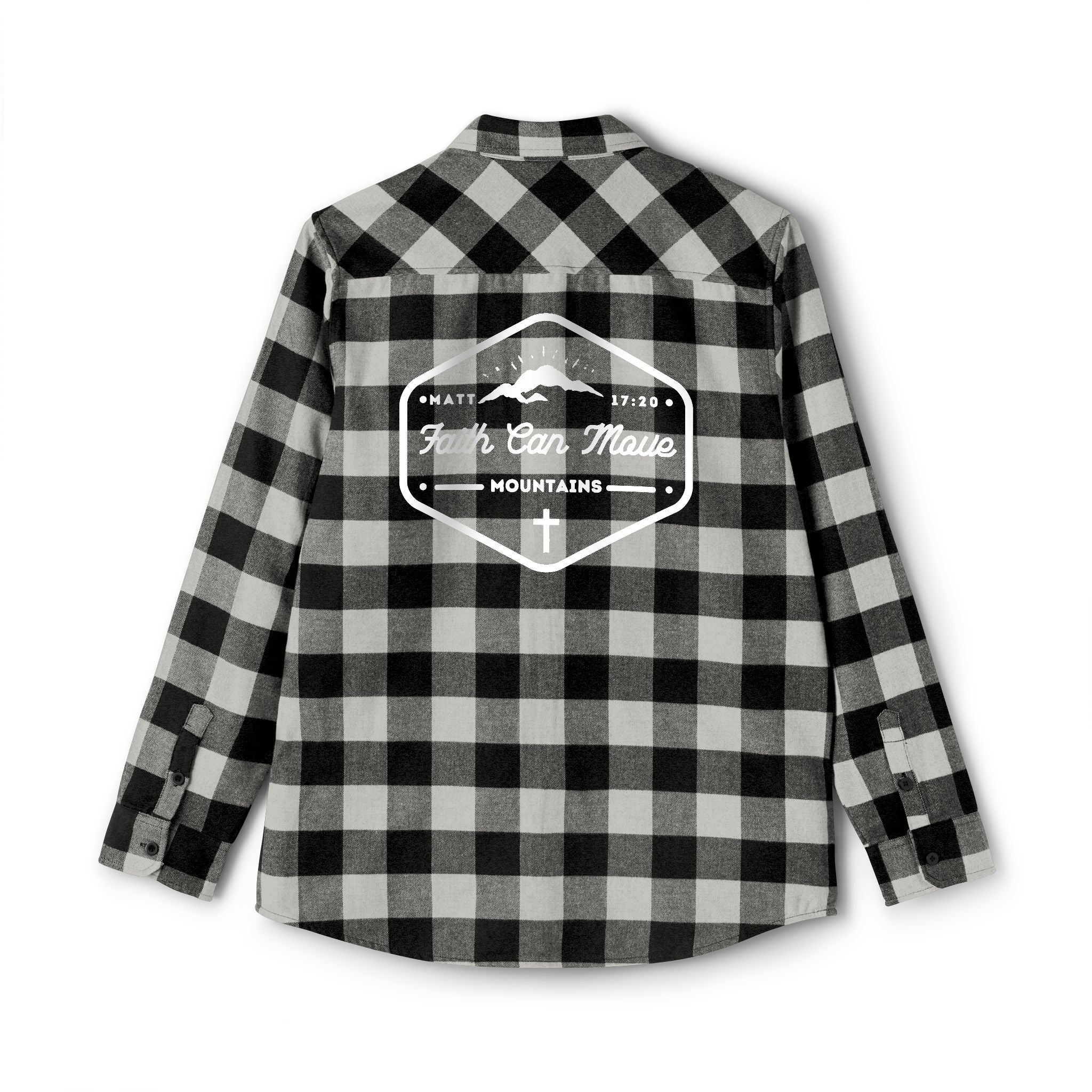 Faith Can Move Mountains – Matthew 17:20  Light Grey & Black Buffalo Plaid Christian Shirt
