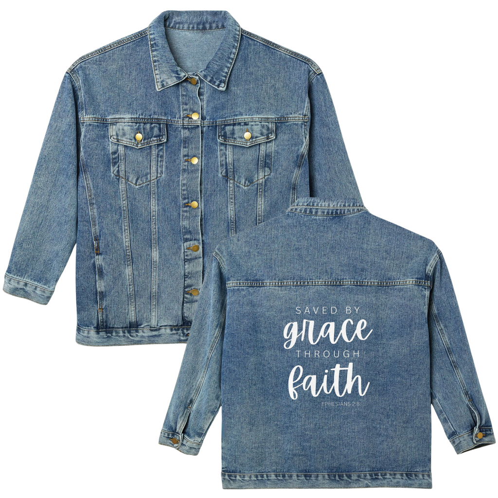 Saved by Grace -Ephesians 2:8 Oversized  Denim Jacket