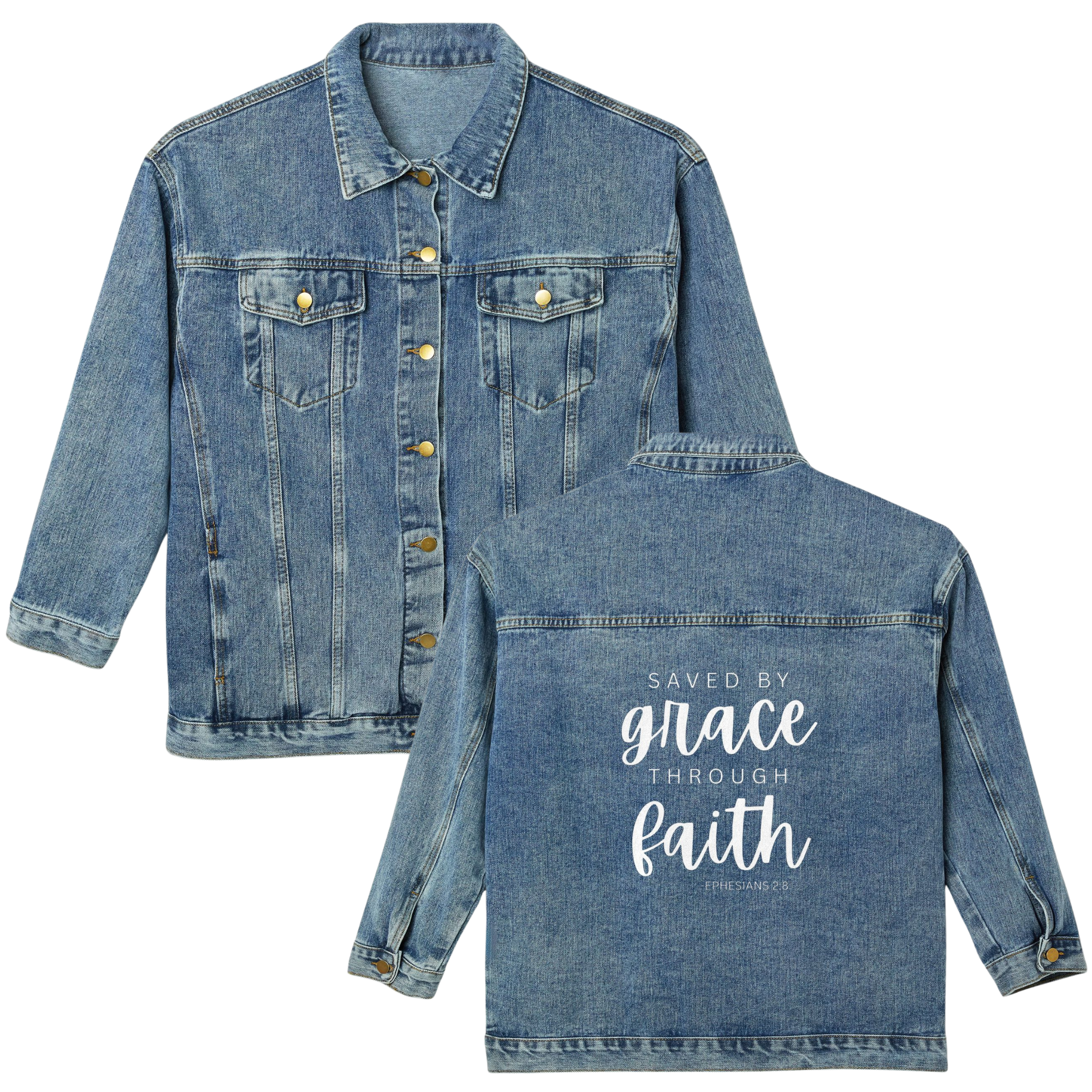 Saved by Grace Ephesians 2:8 Oversized  Denim Jacket