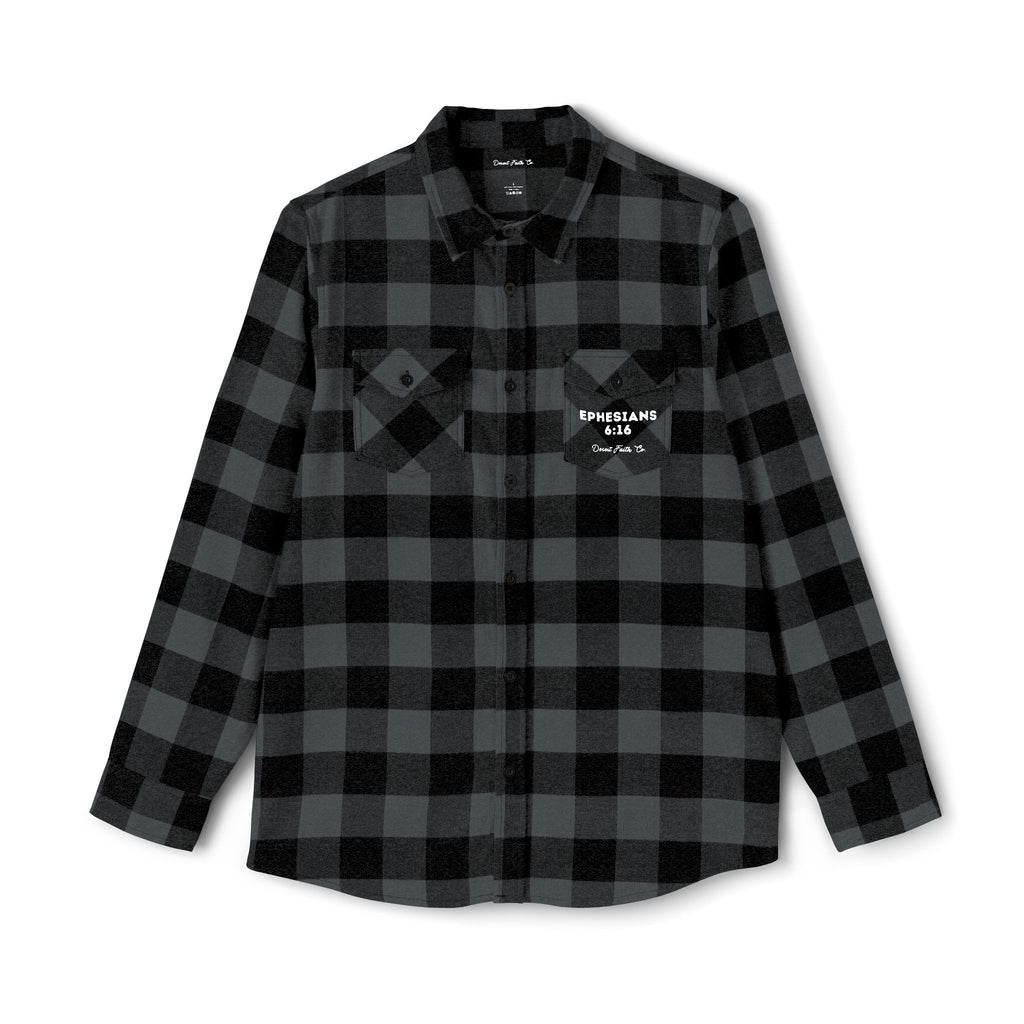 Shield of Faith Flannel – Ephesians 6:16 Dark Grey & Black Buffalo Plaid Christian Shirt