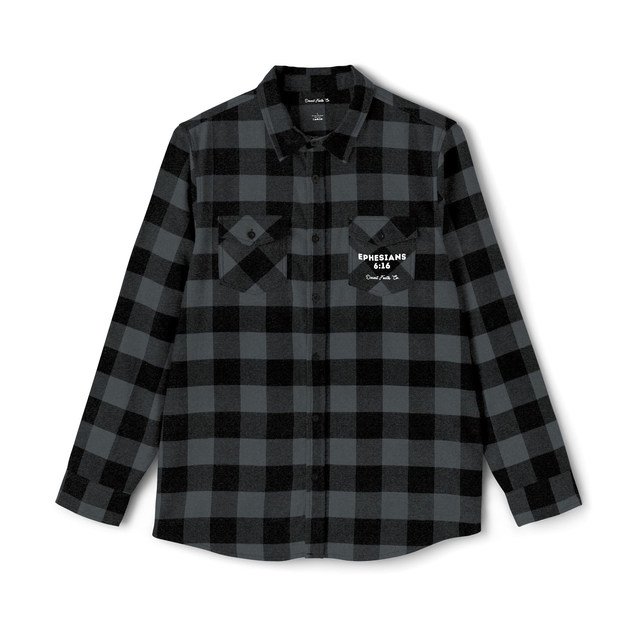 Shield of Faith Flannel – Ephesians 6:16 Dark Grey & Black Buffalo Plaid Christian Shirt